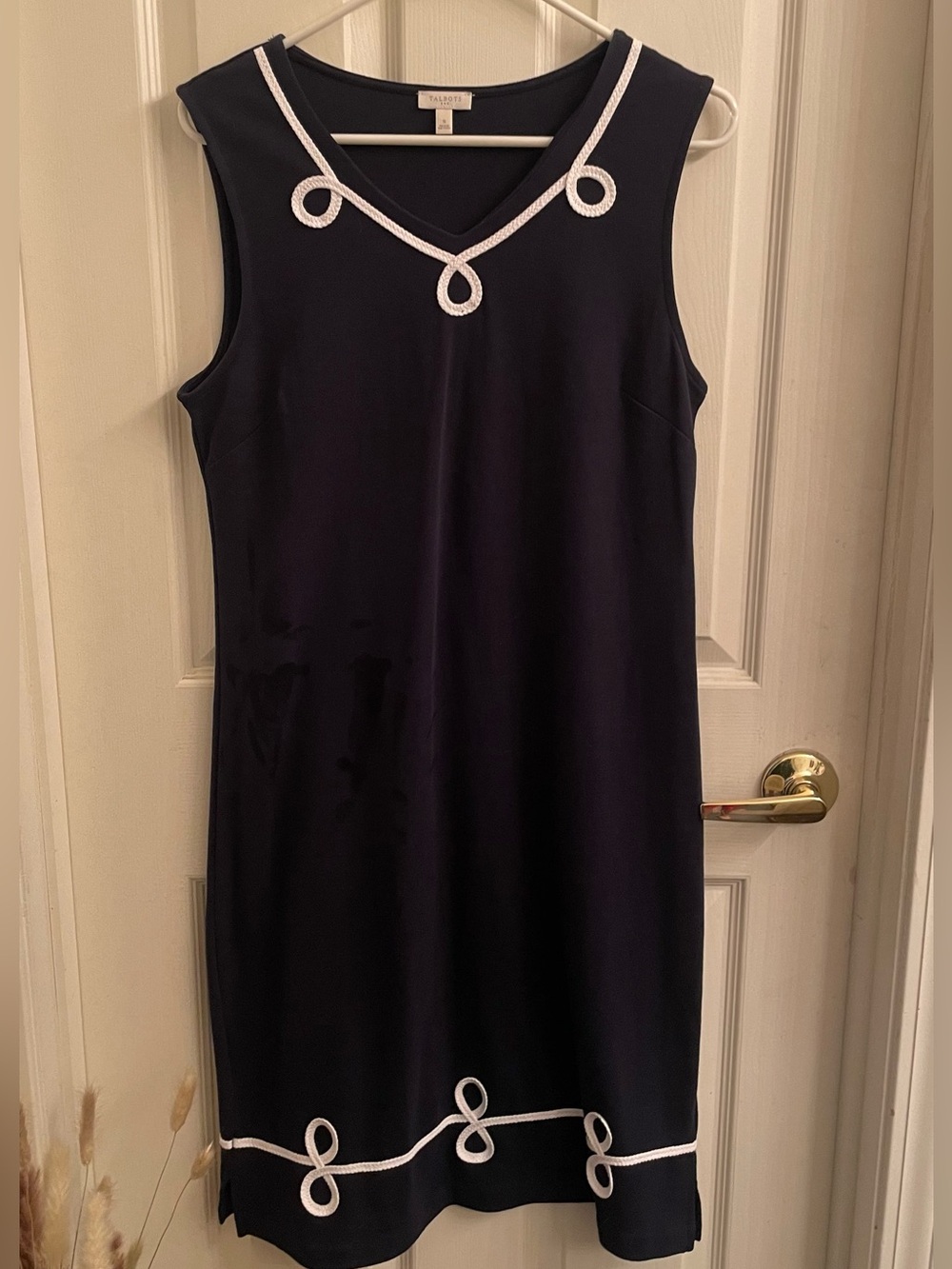 Navy Sleeveless Shift Dress with White Rope Embroidered Trim